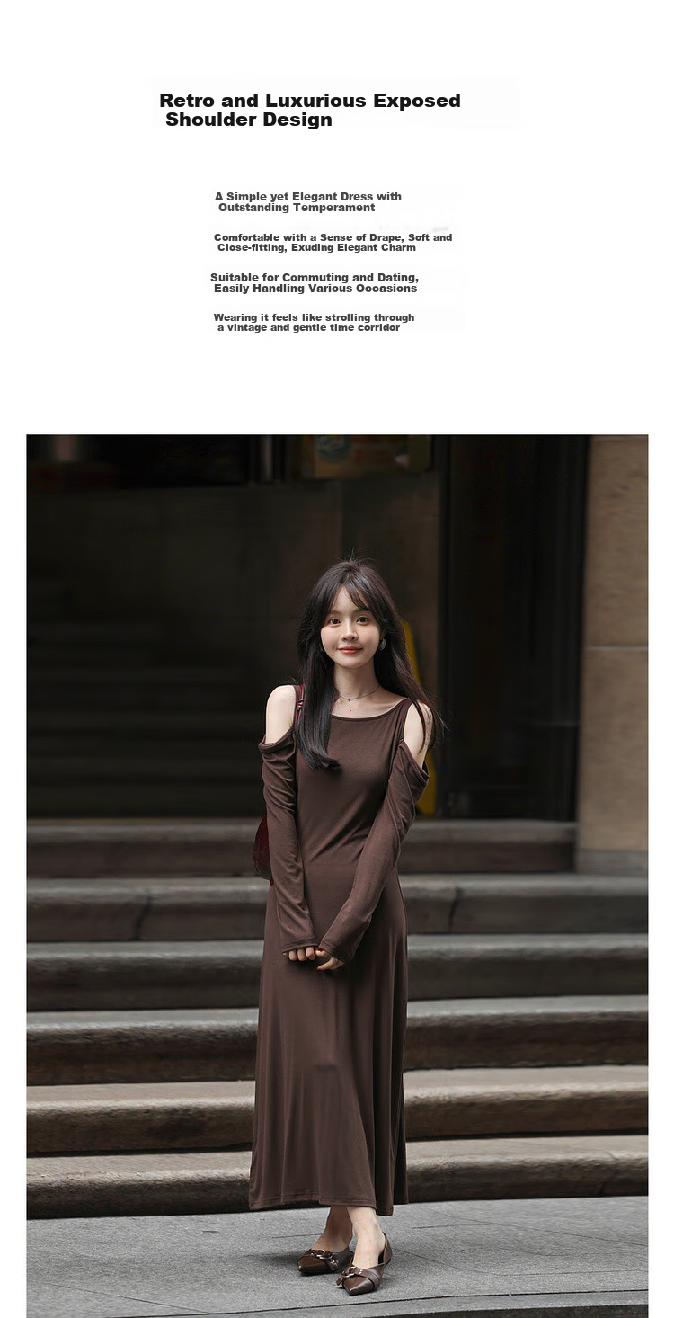 Mt [Nanfa Jingshuo] Spring French Elegant Style, Off-Shoulder Long Sleeve, High Elasticity Slim Fit Long Dress for Wome 1