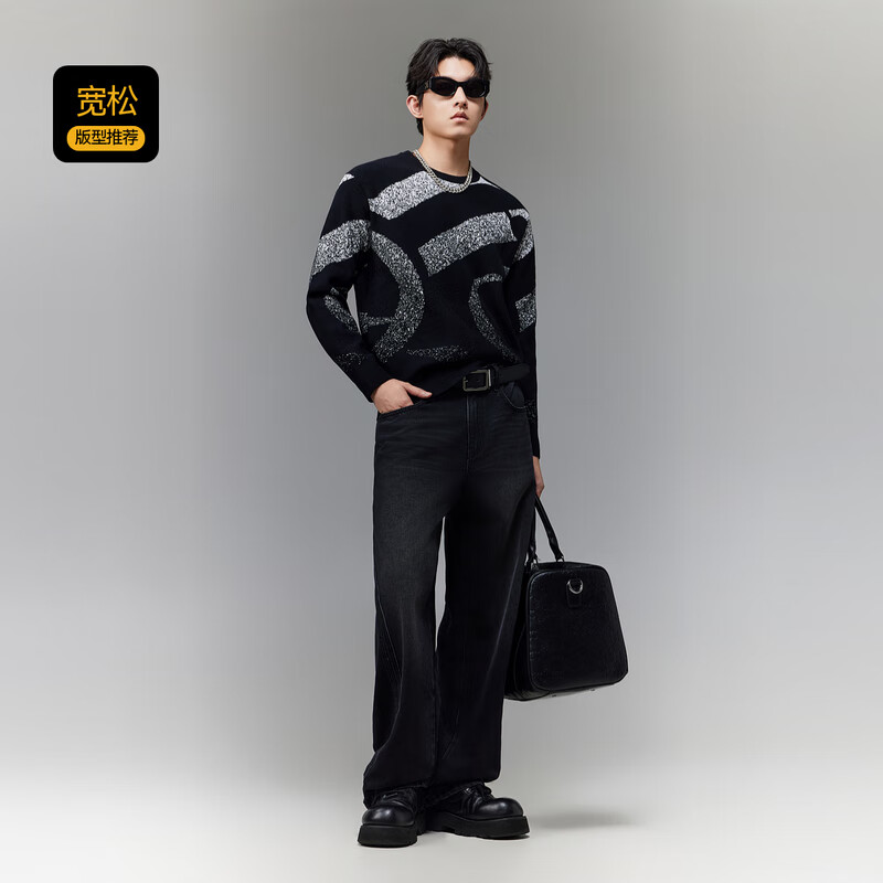 CABBEEN 100% Combed Cotton Men's Logo Geometric Colorblock Jacquard Winter Long Sleeve Sweater