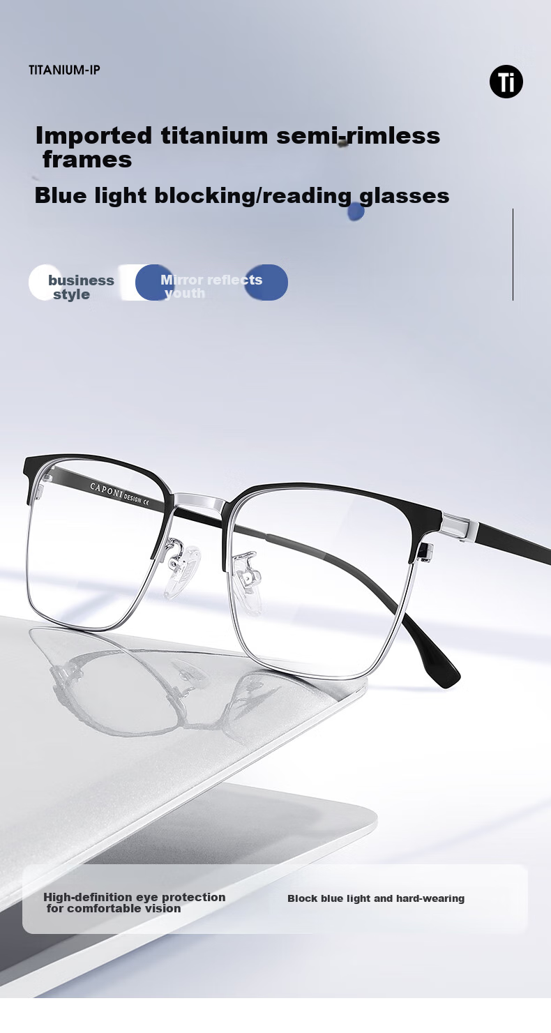 CAPONI Japanese Imported Photochromic Reading Glasses for Men, Smart Zoom, Ultra-Light Semi-Rimless, High-Definition, Anti-Blue Light, Pure Titanium, Bifocal 1