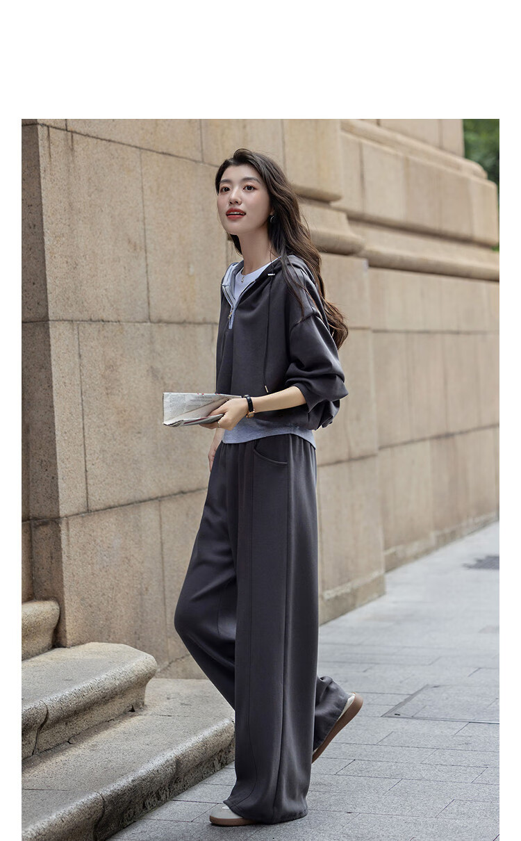 Demana Comfort Stretch Air Layer Set Autumn Hooded Drop Shoulder Waist-Drawn Sweatshirt Elastic Waist Wide-Leg Pants Women's Two-Piece Set 1