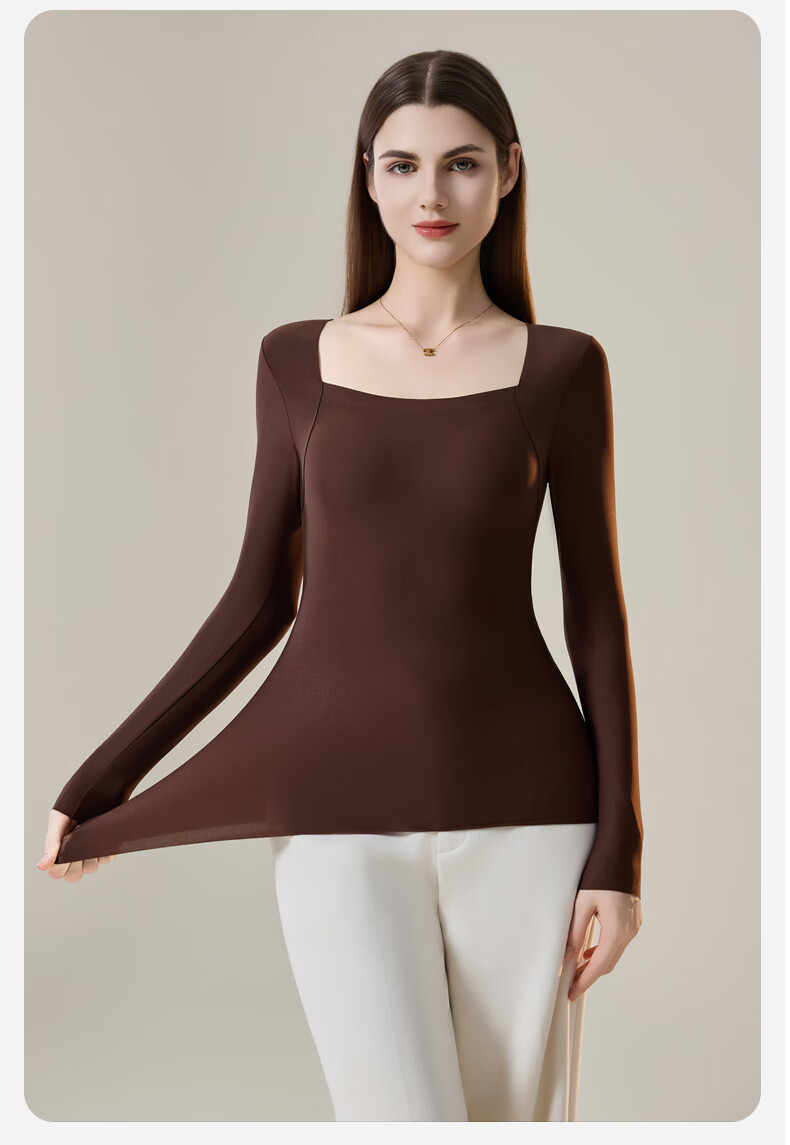 GUJIN Women's Thermal Underwear High Elasticity Square Neck Base Layer Top Coffee Color Autumn Winter 2025 New 11