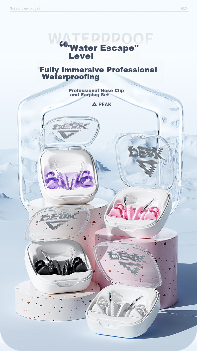 PEAK Swimming Earplugs, Waterproof Professional Nose Clips, Adult Bathing Ear Protection, Anti-Water Device, Diving Nose Clip Set, Pink 1