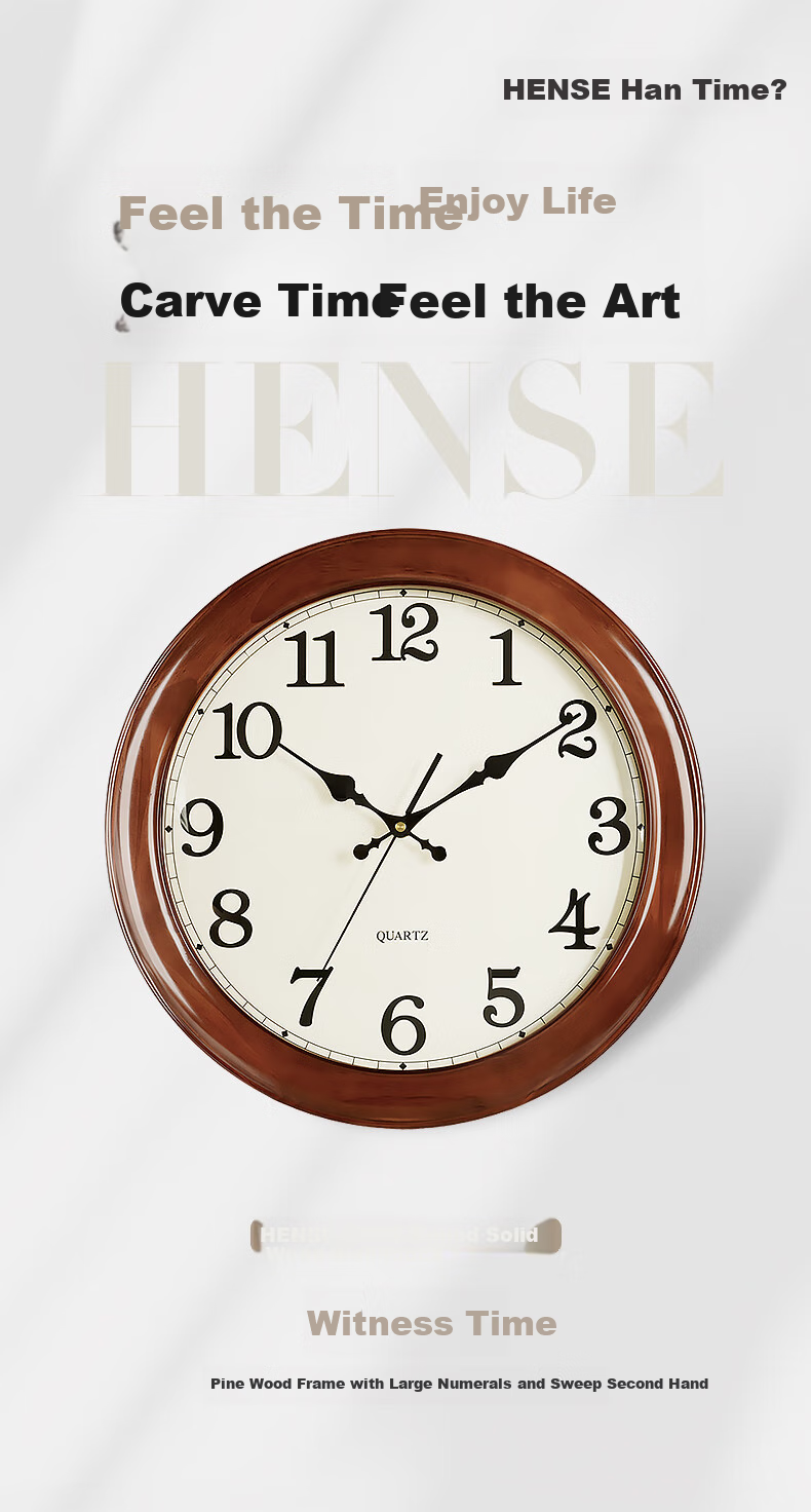 Hense Solid Wood Wall Clock, Stylish Living Room Clock, Creative Timepiece, Quartz Clock HW25, Brown, 16 Inches, 40cm 2