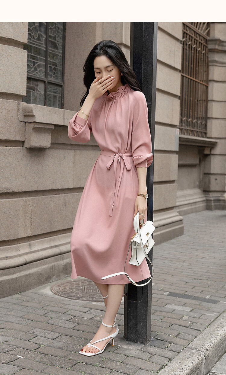 Demana Selected Airy Acetate Spring Socialite Style Comfortable Lightweight Ruffle Collar Mid-Length Women's Dress 6