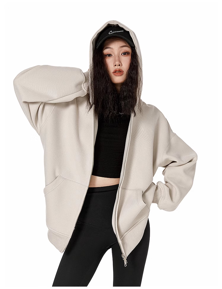 ICH MODE Fleece-Lined American Style Hoodie Jacket Women Autumn Winter Loose Fit Double Zipper Cardigan Lazy Long Sleeve Coat Black L 28