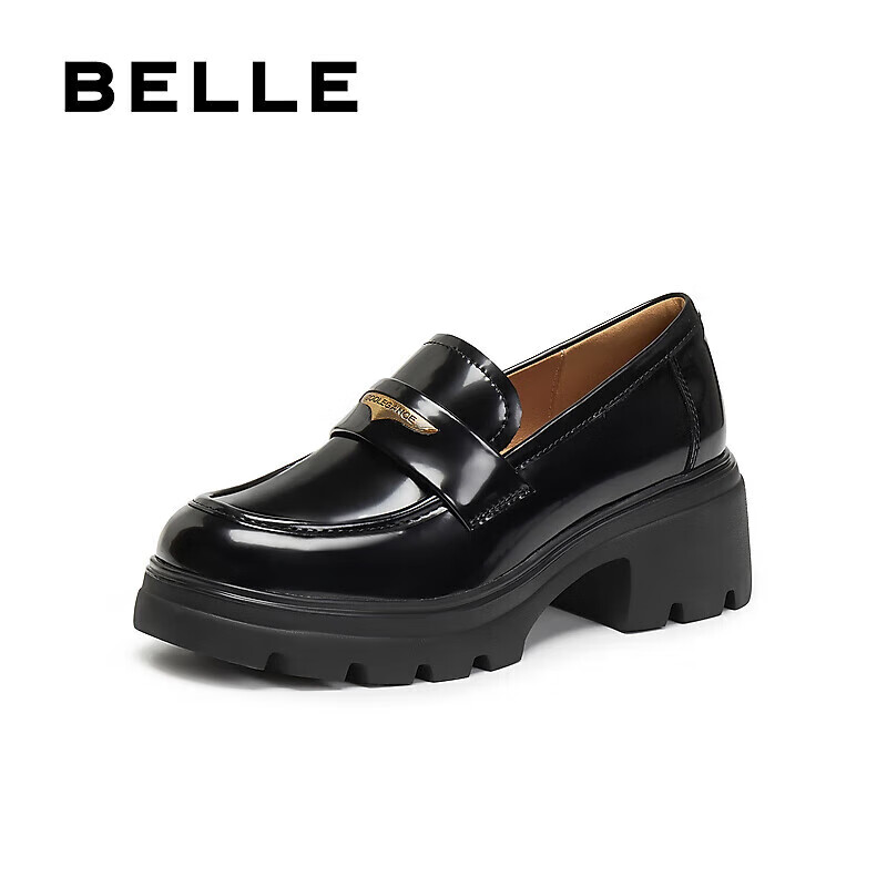 Belle Women's Loafers British Style Small Leather Shoes Autumn 2025 Commuter Flats JD007CM5 Black Glossy 35