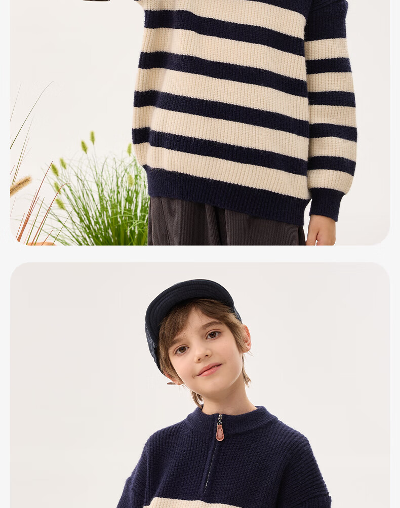 Baleno Kids Sweater 2025 Winter New Boys Half-Placket Striped Pullover Fleece-Lined Knitwear for Older Children 8