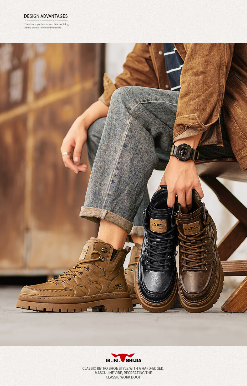 Bull Family [Zhang Ruoyun Edition] Men's Martin Boots Autumn Winter New Retro Versatile High-end Men's Boots Thick-soled Height-increasing Work Boots 9