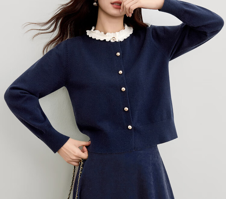 Sentubila Elegant Commuter Set Women Autumn Color-Block Lace Round Neck Stretch Knit Top A-Line Flared Skirt Two-Piece Set 4