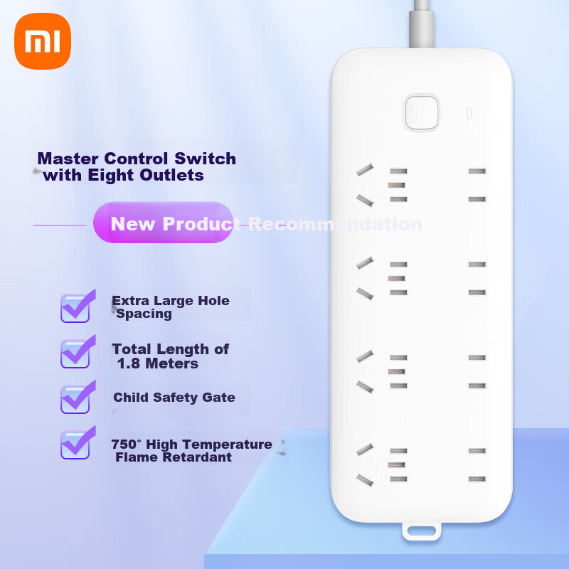 MI Power Strip with 8 Outlets And Master Switch, Multi-Outlet Extension Cord, 1.8m Long, Suitable for MI 17 MI Electric Heater/Hot Water Heater/Electric Blanket