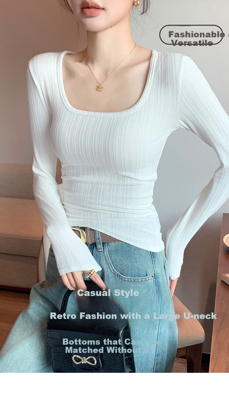 Moonbadi Women's Summer Thin Underwear, Retro Large U-Neck Slim-Fit Base Layer, Suitable for Inner Wear Or Outer Wear, Long Sleeve 1