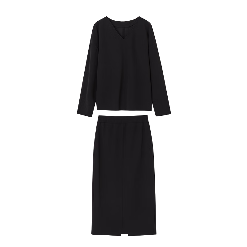 Demana Autumn V-Neck Batwing Sleeve Top and Elastic Waist Slit Skirt Women's Two-Piece Set (No Matching Required)