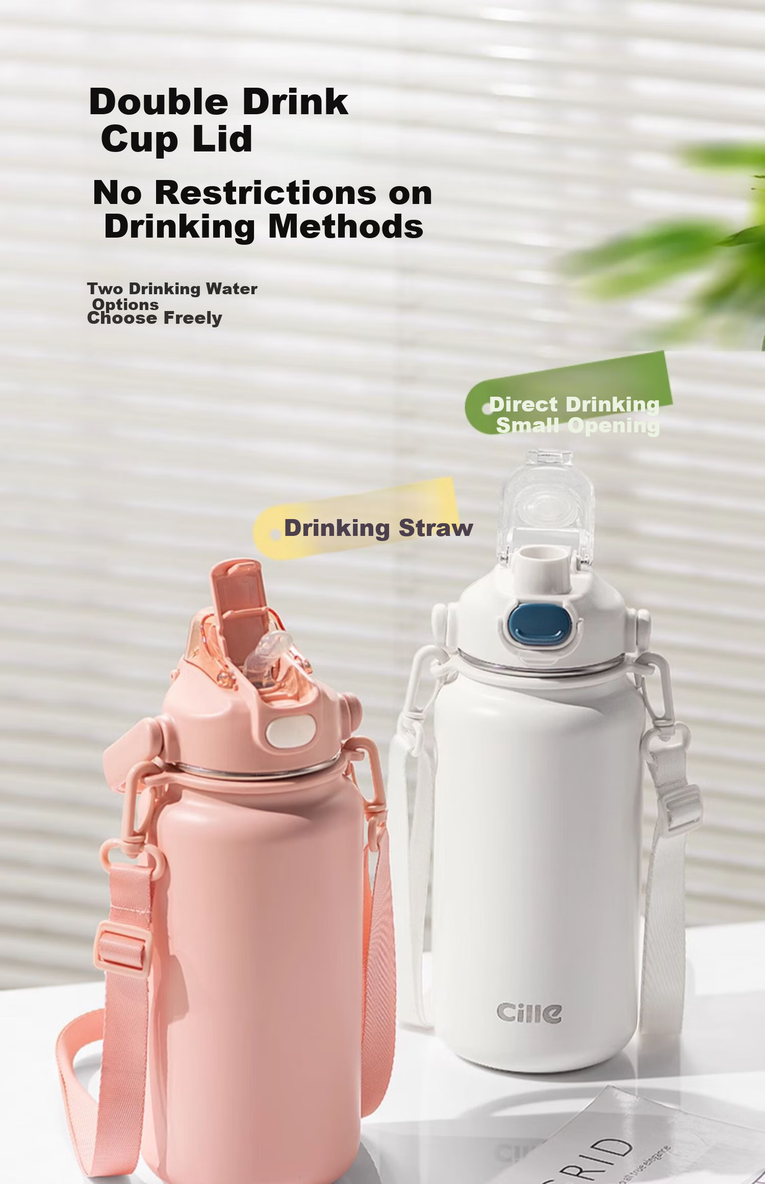 Cille Insulated Water Bottle, Large Capacity, 316 Stainless Steel Straw Cup, Dual-Use Strap for Men And Women, Outdoor Sports Water Bottle, 1.3L 6