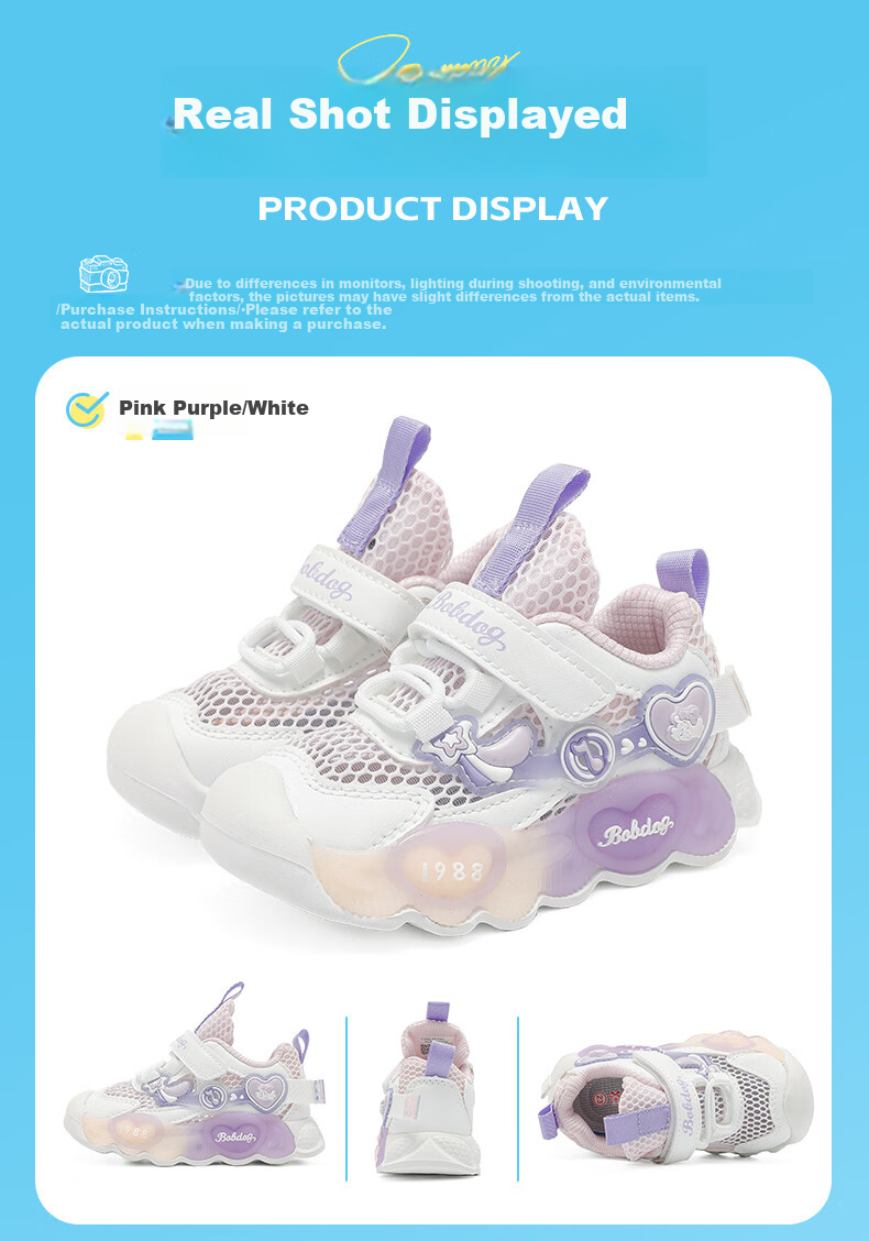 BOBDOG Girls' Light-Up Shoes, Summer Baby Mesh Shoes, Children's Walking Shoes, 103352076, Pink-Purple/white, Size 26 8