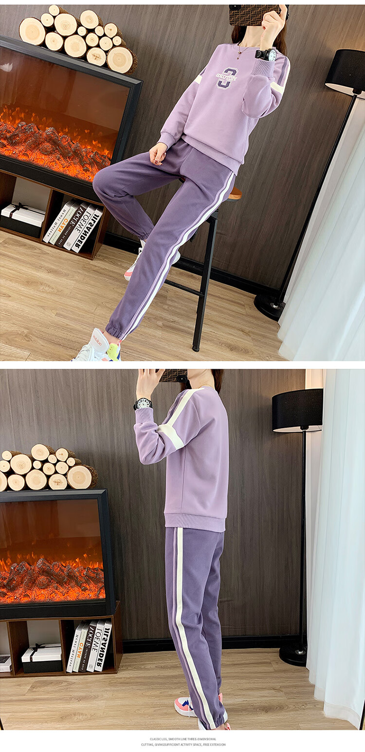 Woodpecker Women's Sports Long Sleeve Set Autumn Fashion Slim Casual Plus Size Sweatshirt Two-Piece Light Purple 2XL 6
