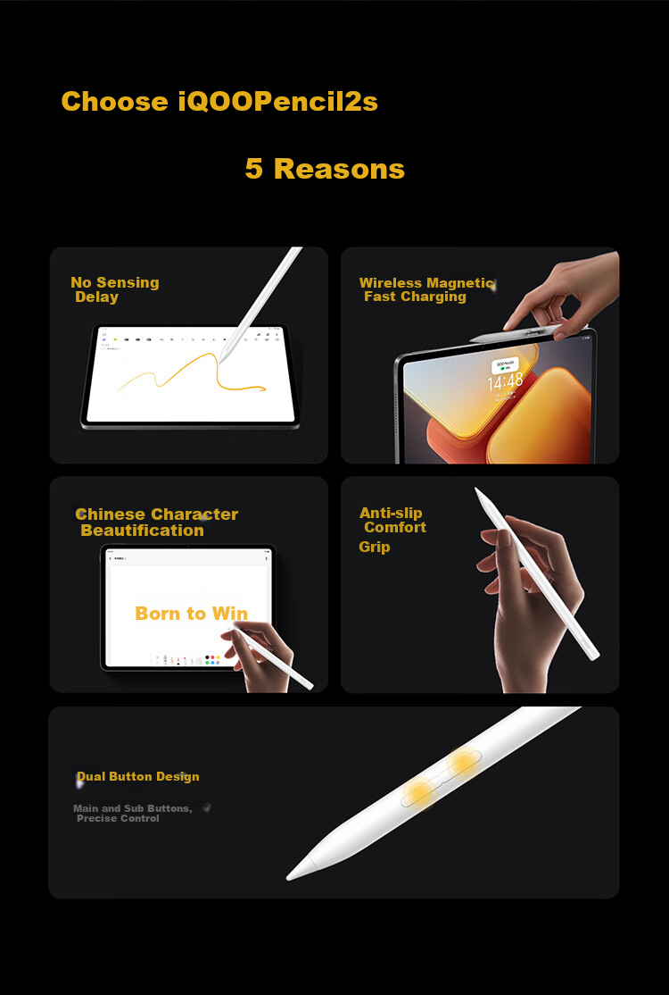 IQOO Pencil2s Stylus Pen, Latency-Free Wireless Magnetic Fast Charging, Dual-Button Design, Non-Slip Comfortable Grip, Suitable for Vivo & IQOO Series Tablets 2