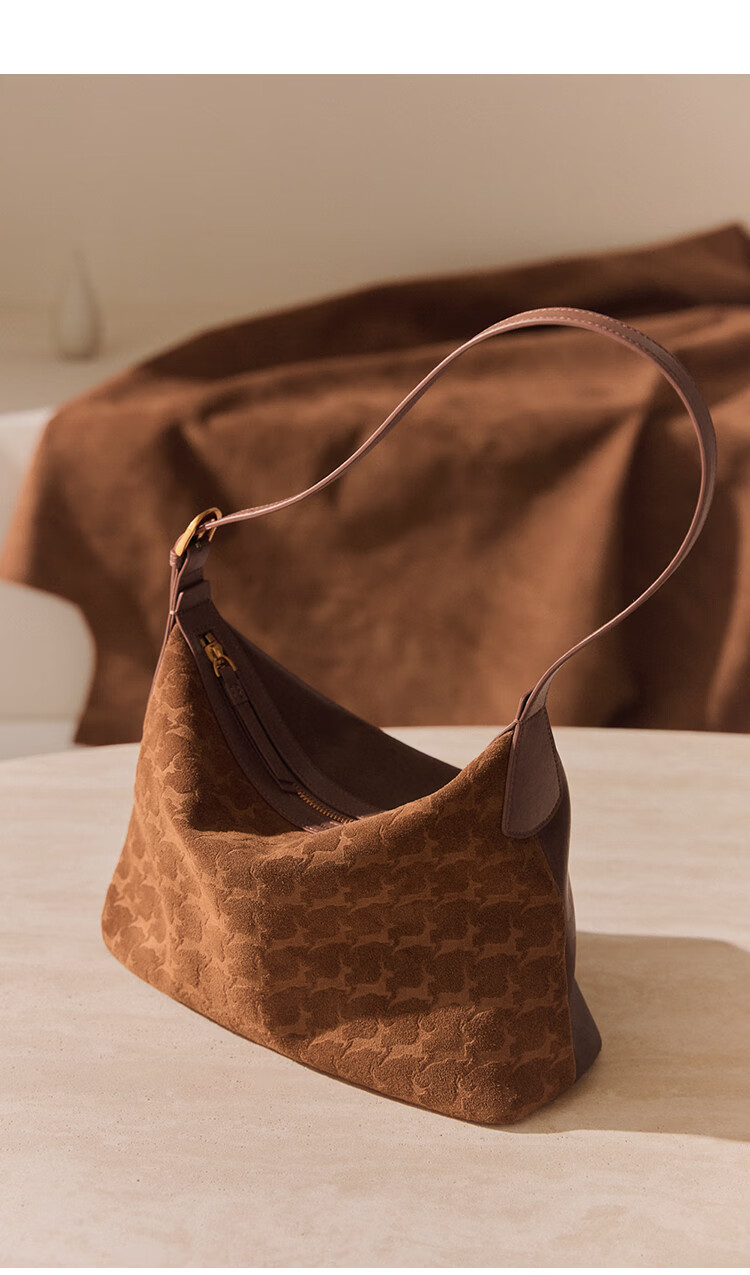 Mood First Layer Vegetable Tanned Leather Hobo Bag Brown Genuine Leather Large Capacity Suede Light Luxury Workplace Commuter Crossbody Bag for Women 3