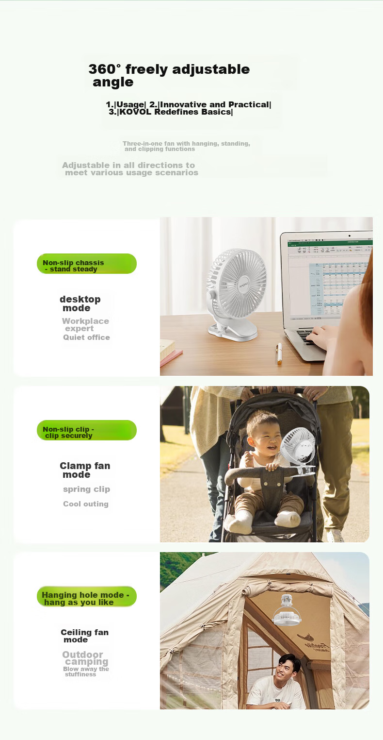 CangHua Desktop Fan, Small Fan, New Ultra-Quiet Air Circulator, Long Battery Life, Portable Clip-On, Car Cooling, Office, Student Dormitory Bed Hanging [Plug-In Version] 5