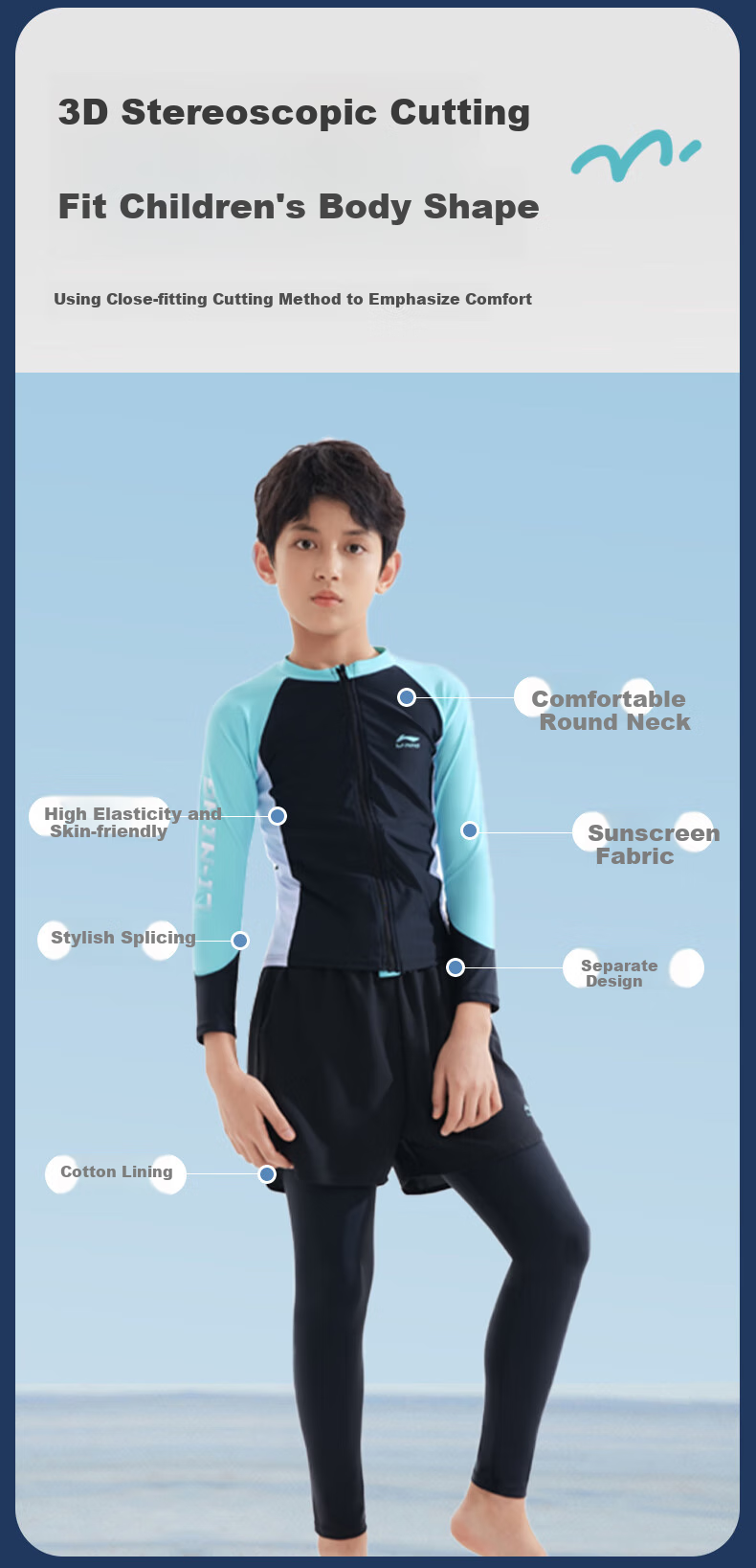 Li-Ning Children's Two-Piece Swimsuit, Boys' Long-Sleeve And Long-Pants Set, for Older Children And Teenagers, Sun Protection, for Ages 12-16, Hot Spring Swimwear 4