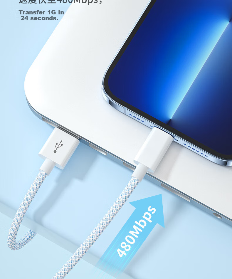 Nengshi Apple Charging Cable, 2.4A Fast Charging Data Cable, Suitable for IPhone14/13ProMax/12/11/X/XR/8/7/6 Phones And IPad Tablets, Car-Mounted Braided Cable, 2 Meters, Blue 4