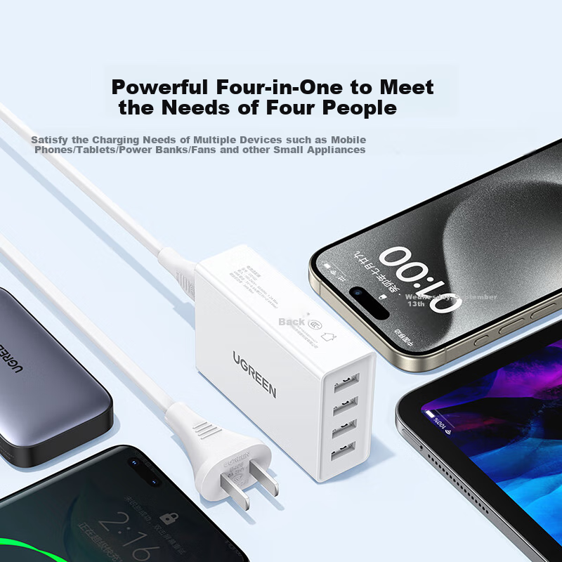UGREEN Multi-Port USB Charger Socket, 6.8A Fast Charging Head, Four-Port Charging Plug, Suitable for Apple IPhone 18/17/16e/15, Huawei, Xiaomi Tablets, Smartwatches, Desktop Model