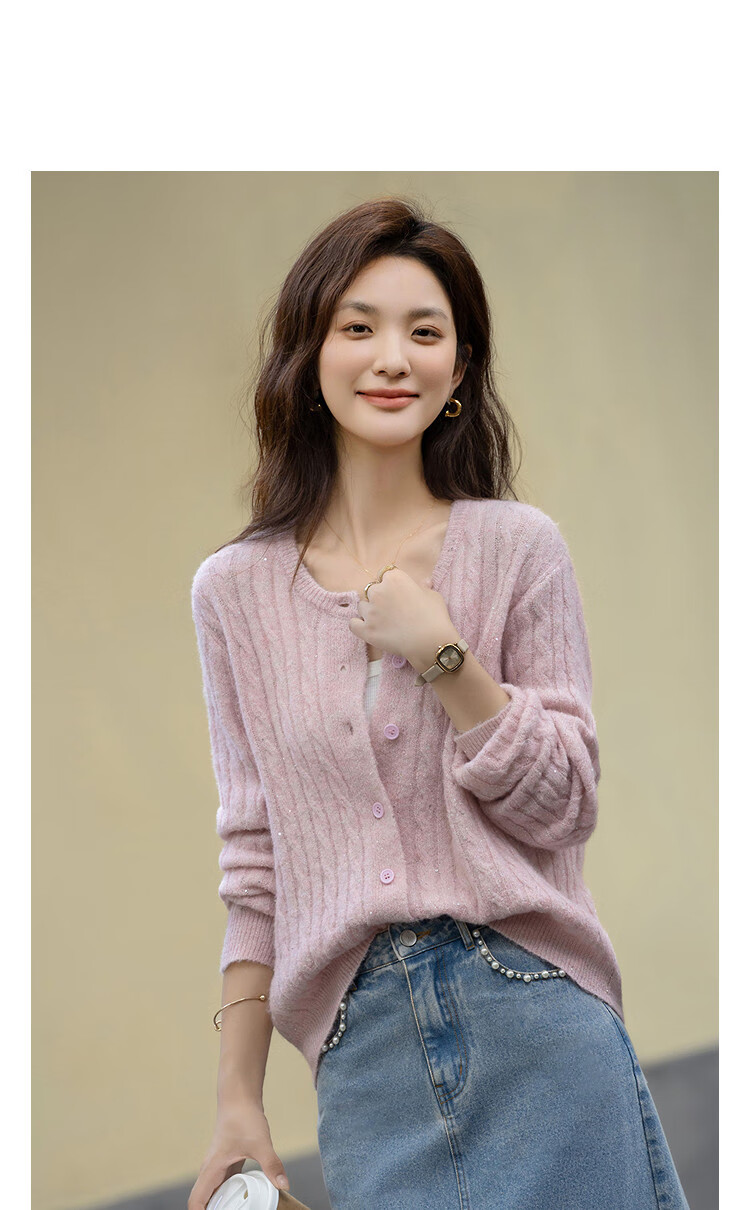 Demana Autumn Crew Neck Cable Knit Sequin Sweater Loose Fit Petite Wool Blend Top 2
