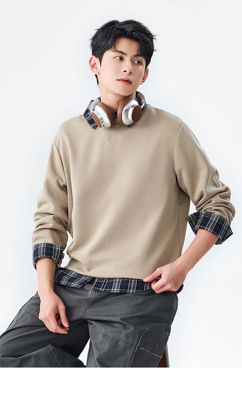 Baleno Autumn Winter Fleece-Lined Triangle Neck Design Round Neck Sweatshirt Men Warm Comfortable Loose Fit Plus Size Sports Pullover 6
