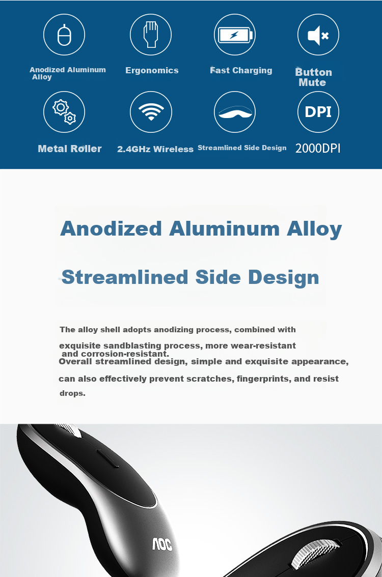 AOC MS300 Wireless Bluetooth Dual-Mode Mouse Ergonomic Portable Office Mouse for Laptop Desktop Black 1