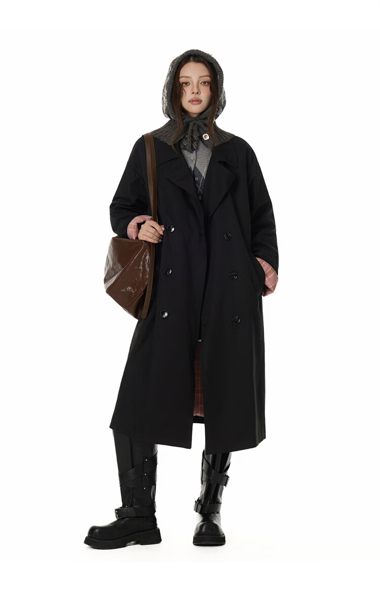 GROUND ZERO Unisex Autumn Mid-Length Trench Coat with Plaid Color-Block Lining Black 2XL 5