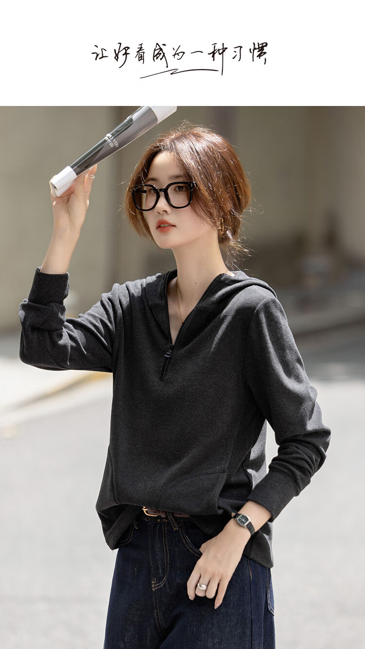 Demana [Minimalist Style] Autumn Korean Hooded Half-Zip Loose Stretchy Comfortable Petite Sweatshirt for Women 1