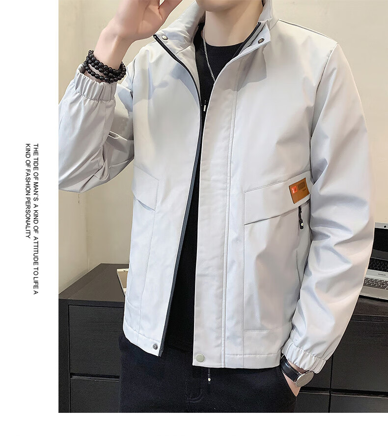 Jeanswest Men's Outdoor Sports Jacket Spring Autumn Coat Stand Collar Loose Workwear Windproof Casual Trendy Versatile Black 2XL 15