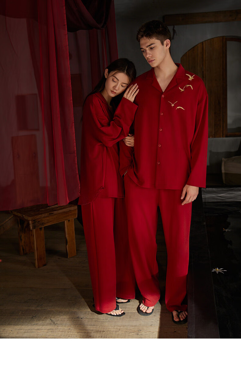 Caramella Men's Red Homewear Autumn Winter Soft Cotton Pajama Set Couples Festive Wedding Sleepwear 3