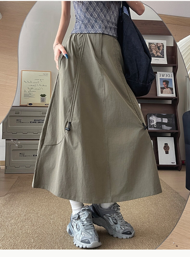 LangSha Gray Workwear Skirt Women Autumn 2025 New High Waist Drawstring A-Line Flared Slim American Casual Half Skirt 6