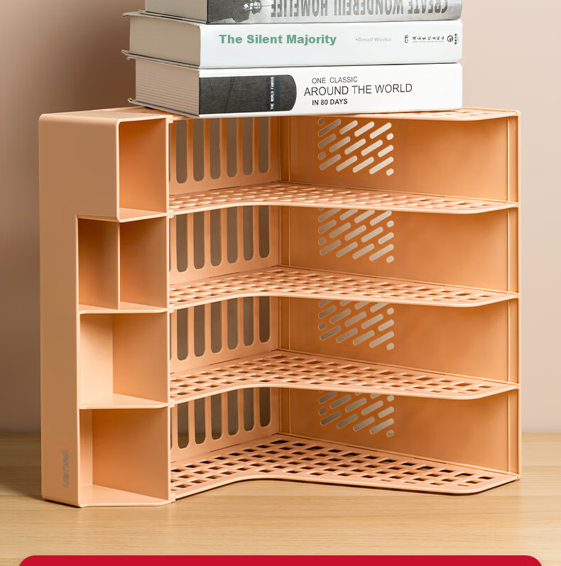 Deli File Organizer, Morandi Desktop Storage Box, Multi-Layer File Holder for Office And Students, Document Rack with Basket, Storage Organizer with Built-In Pen Holder, Cherry Blossom Pink 5