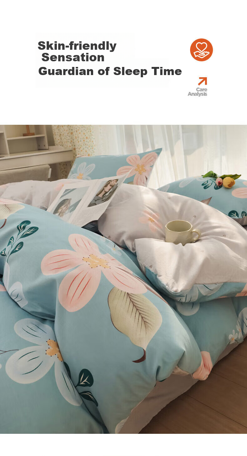 Grace Four-Piece Bedding Set, Class A Fabric, 7A Antibacterial Pure Cotton Skin-Friendly, 100% Pure Cotton AB Version, 1.5/1.8M Bed, Floral Patter 4