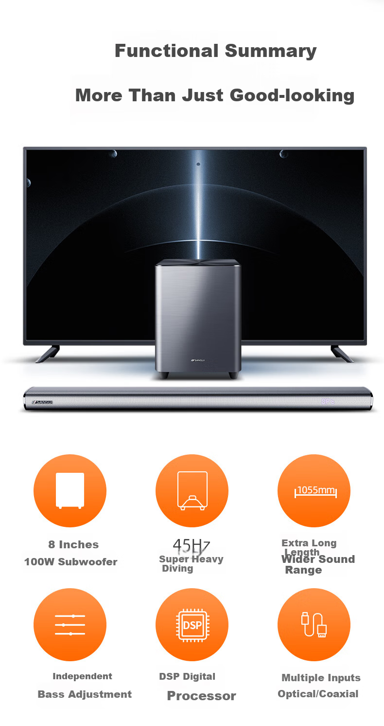 SANSUI DV-92A Soundbar Speaker, Home Theater System, Bluetooth Smart Speaker, Bar-Shaped Speaker, Wall-Mounted Speaker, Independent Subwoofer 4