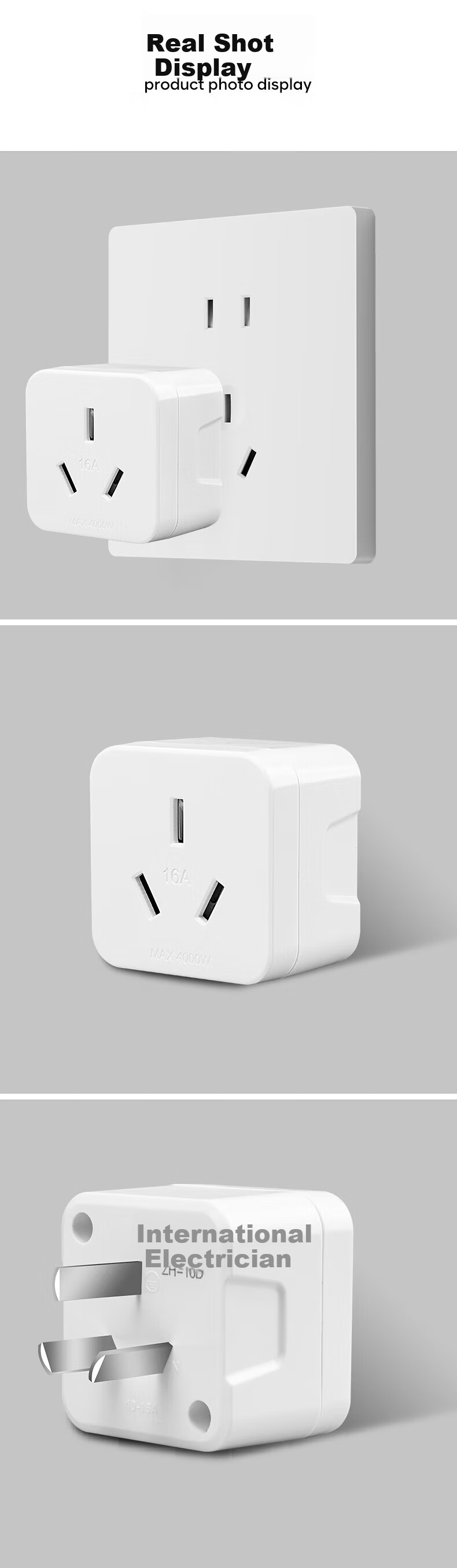 FDD 10A to 16A Socket Converter for Air Conditioner, Water Heater, Oil Stove, High-Power Power Socket Adapter 10A to 16A (Three-Pin) 10