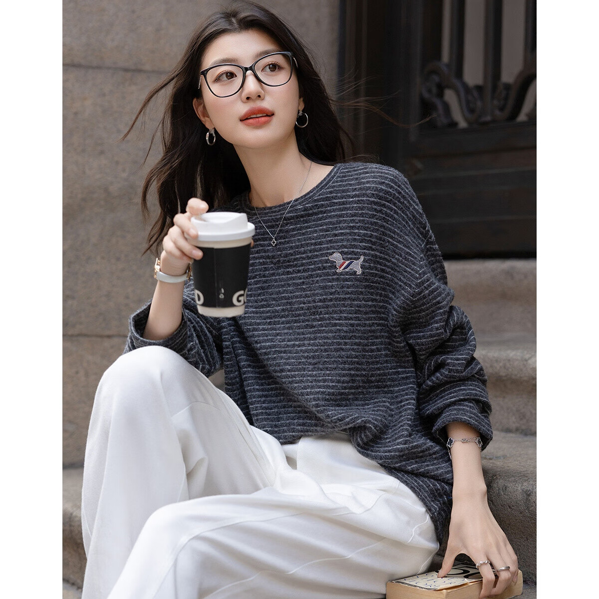 Demana Warm Comfortable Practical Winter Simple Round Neck Embroidered Loose Fit Petite Sweatshirt for Women