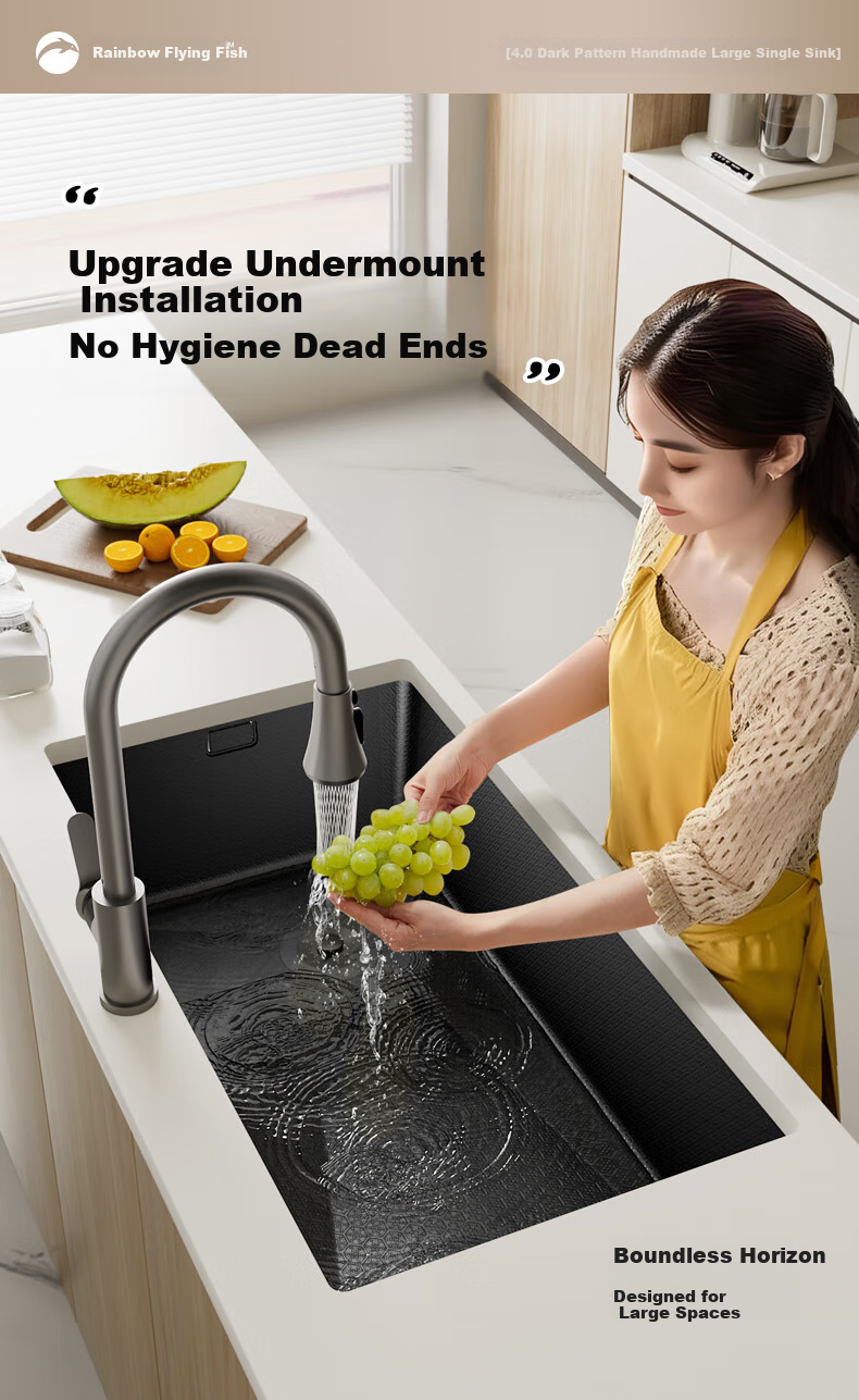 Yuhongfeiyu Large Single Sink, Kitchen Handmade 304 Stainless Steel Multifunctional Embossed Vegetable Washing Basin, Integrated Sink, Undermount Sink 5