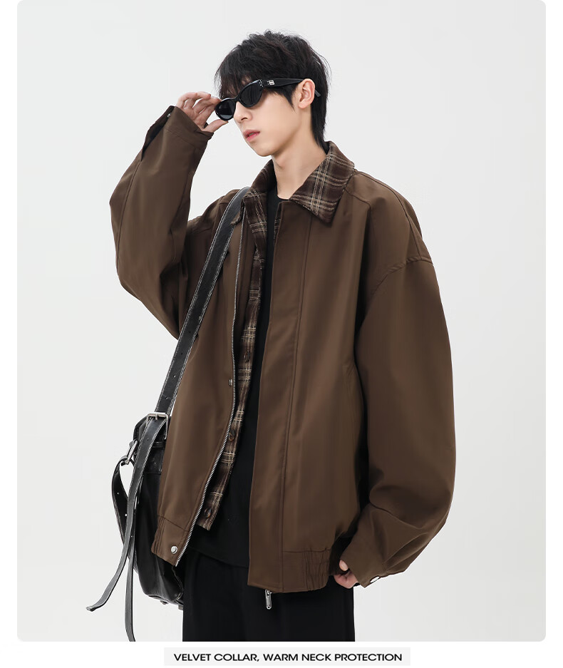 MMOPTOP American Style Two-in-One Plaid Spliced Lapel Jacket Autumn Winter Men's Windproof Coat MJK22 Coffee M 9