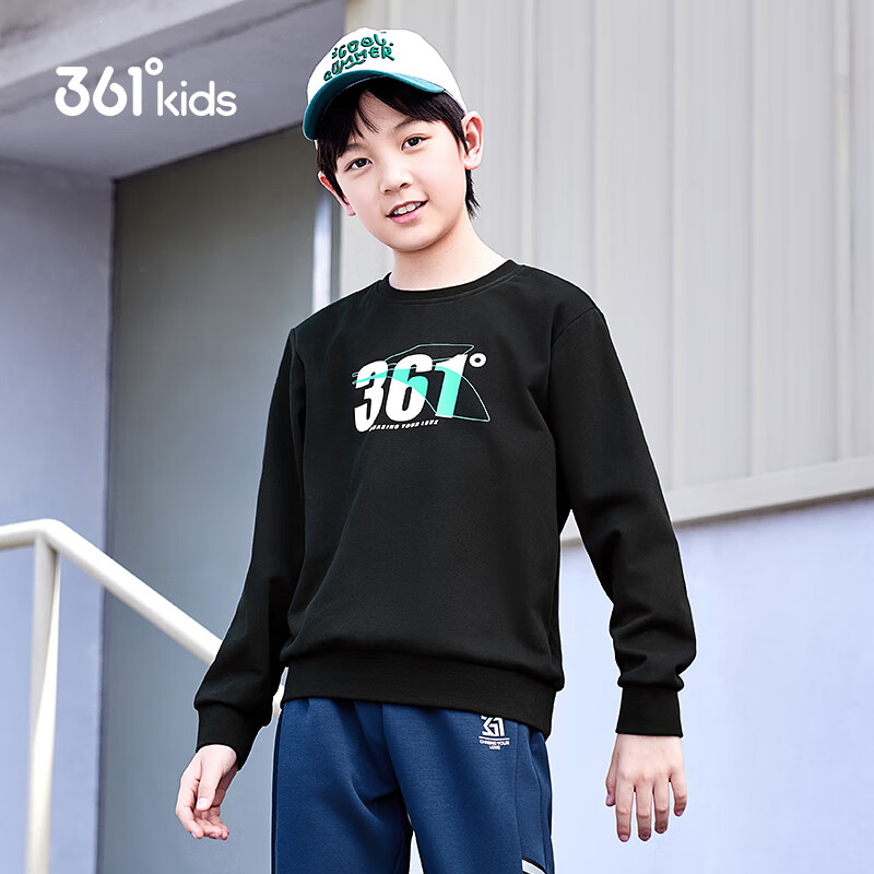361° Children's Clothing, Kids' Sweatshirt, Autumn 2025, Boys And Girls School Versatile Loose-Fitting Sports Round Neck Sweatshirt, Black, Size 130