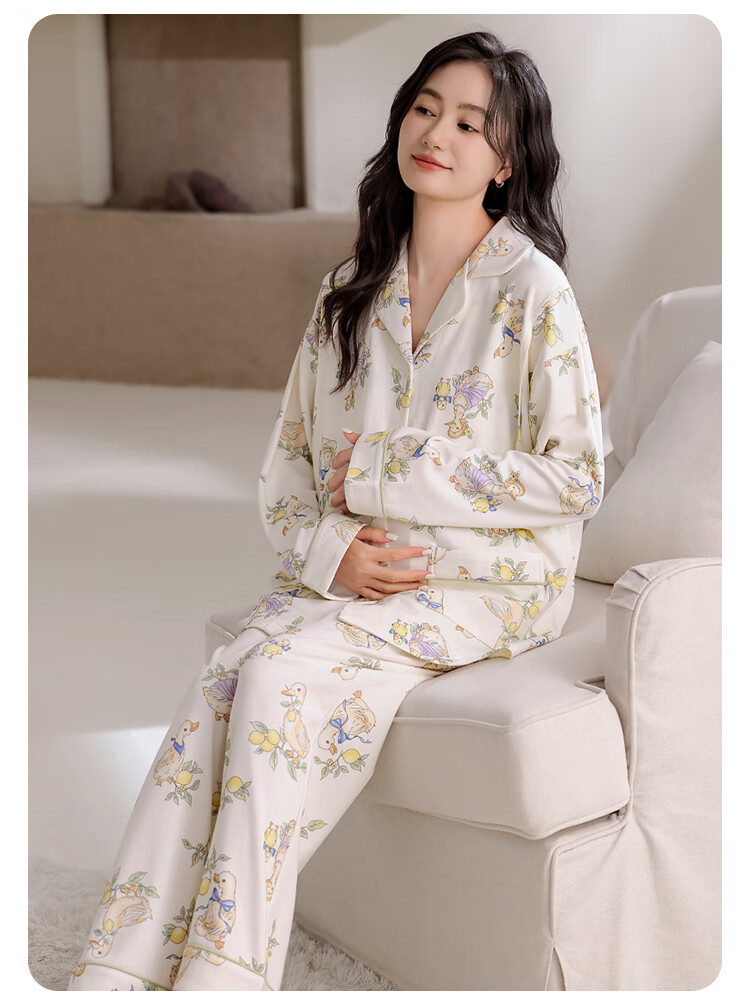 Aibaozi Maternity Postpartum Pajamas Spring Summer Pure Cotton Nursing Sleepwear Breastfeeding Clothes Homewear Moon Lemon Cute Duck L Size M475 13