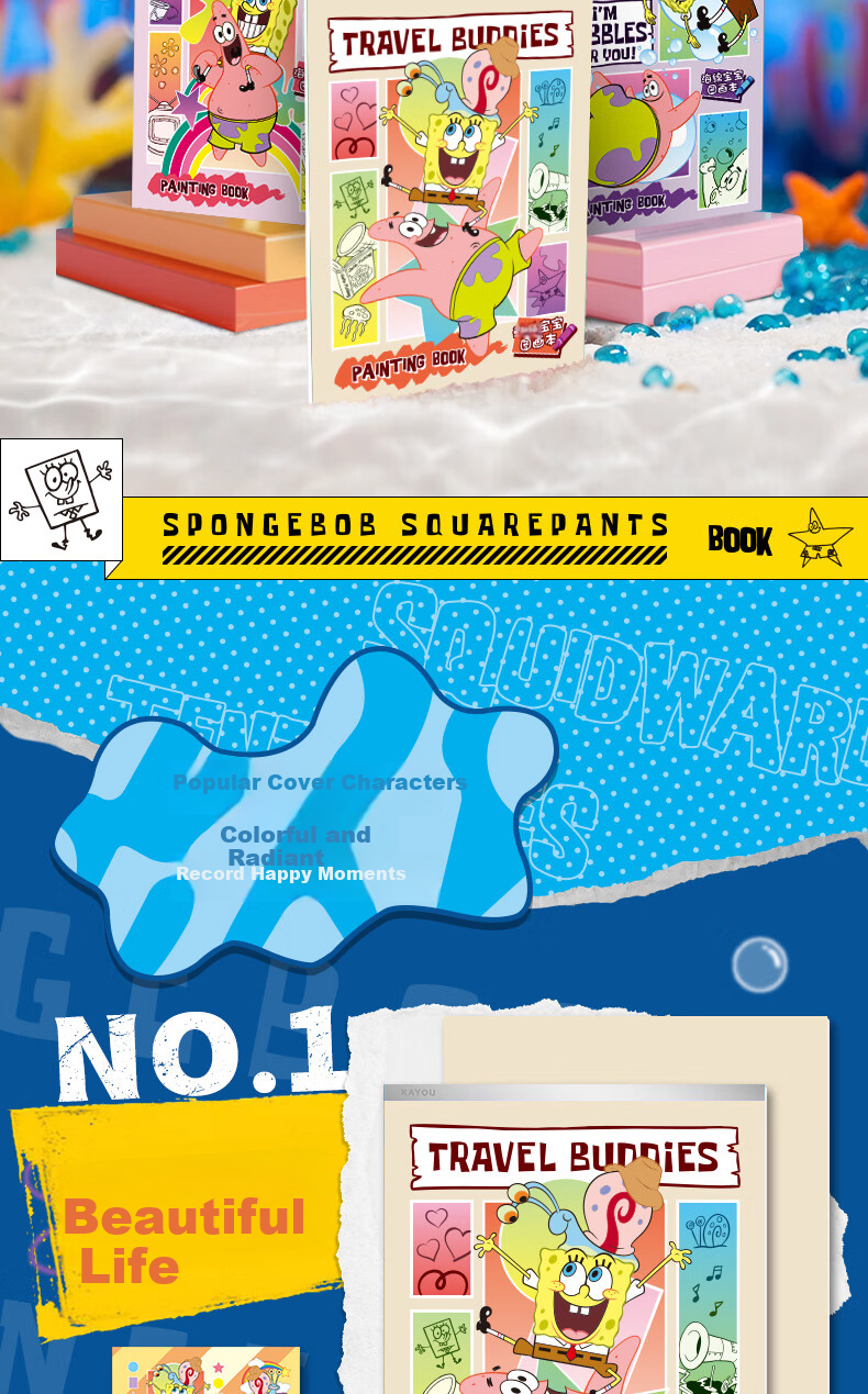 Kayou SpongeBob Coloring Book, Thickened, for Primary School Students, Drawing And Coloring Book, Art Notebook, Hand-Drawn Blank Doodle Sketchbook, 1 Set of 4 Books, Birthday Gift 3