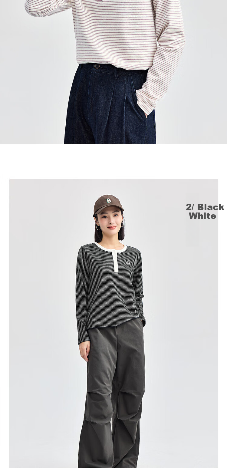 Giordano Women's Striped Embroidered Pullover T-Shirt, Contrasting Color Henley Collar Long Sleeve Tee for Women 13324704 12