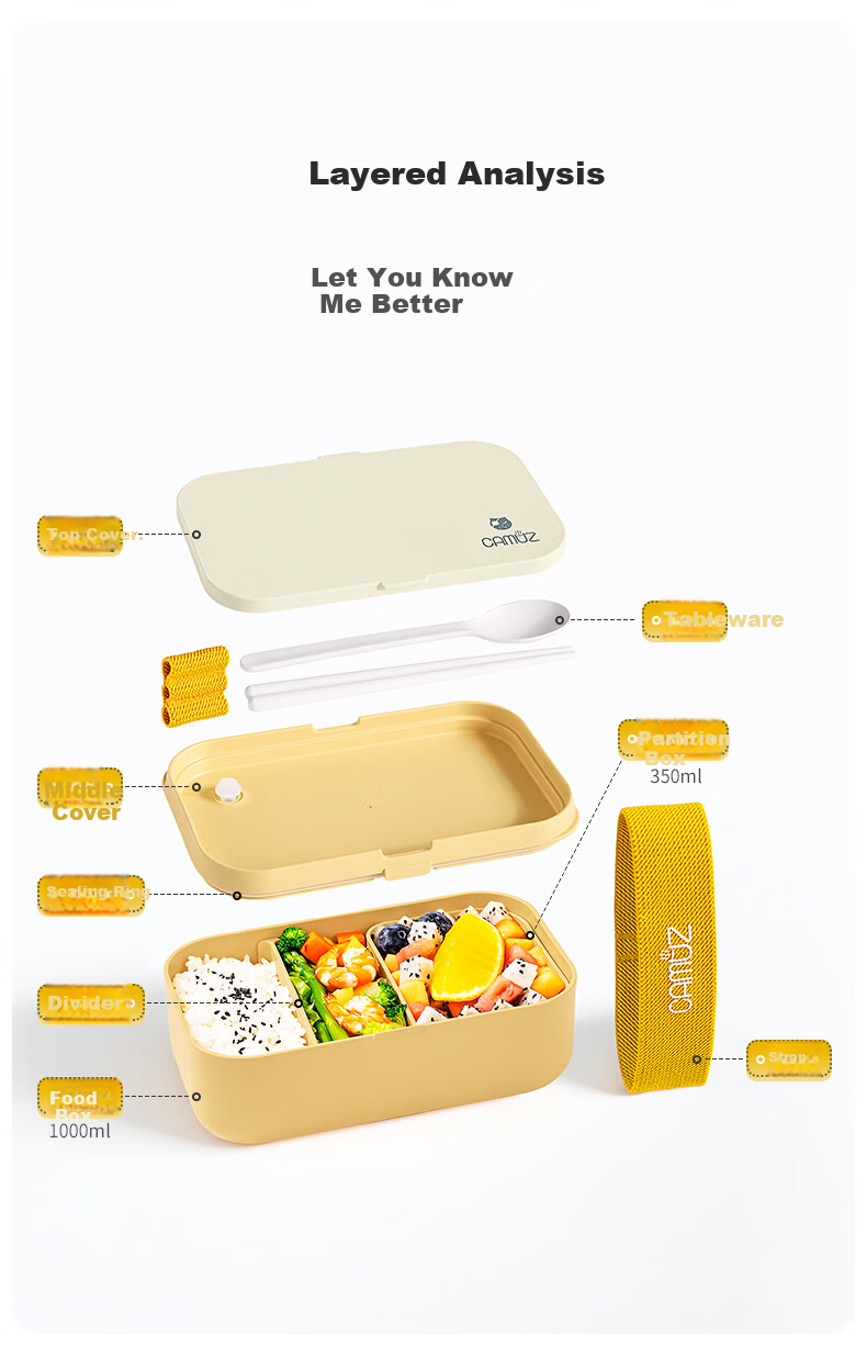 CAMUZ Bamboo Fiber Antibacterial Compartment Lunch Box Microwave-Safe Large Capacity 1000ML Bento Box for Office Workers, White Collaboration Editio 4