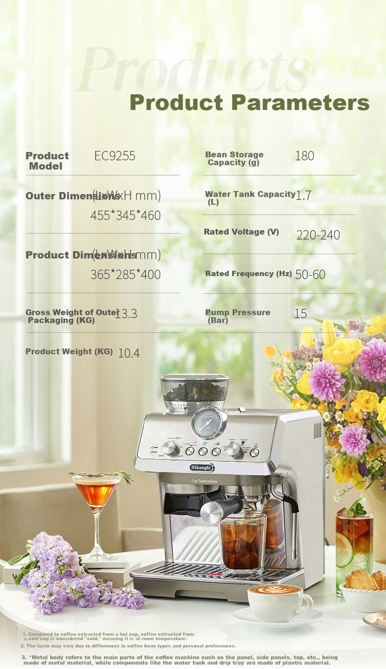 Delonghi Coffee Machine, Home Semi-Automatic Coffee Maker, Cold Brew Version Silver Knight Fresh-Grinding Italian Grinder All-In Machine, Manual/fully Automatic Milk Frother, EC9865.M Gift 16