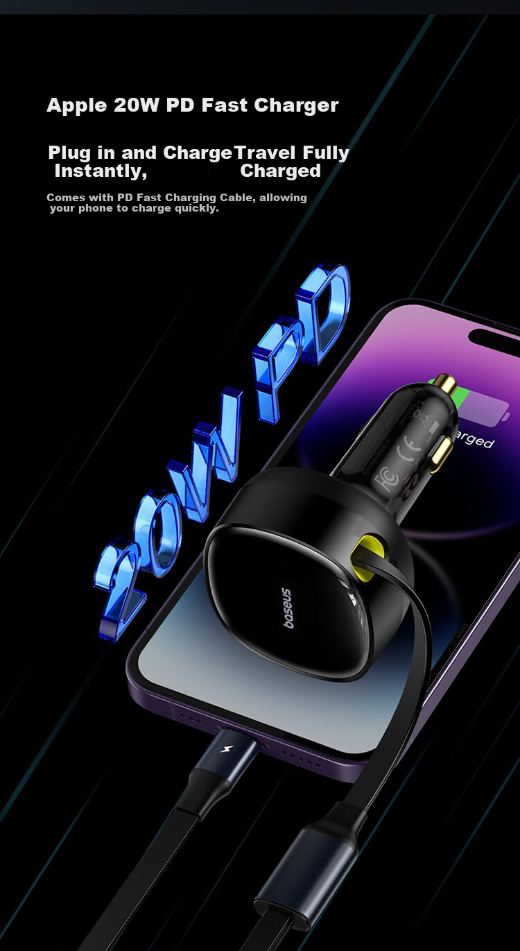Baseus Car Charger And Cigarette Lighter Dual-Port Super Fast Charging Car Charger, Type-C with Built-In Cable, 60W 8
