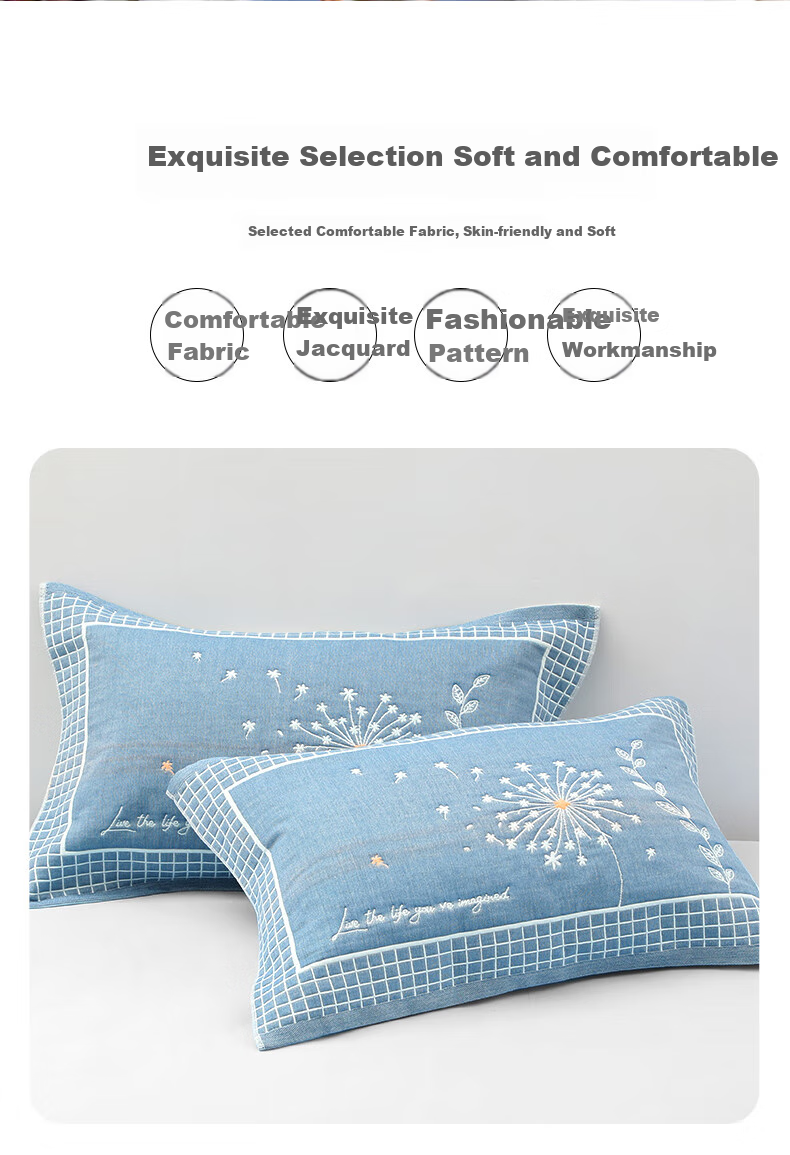 Grace 7A Antibacterial Four-Layer Breathable Extra Large Thick Gauze Pillowcase, Qinghuan-Blue, 78*52cm, One Pair 2