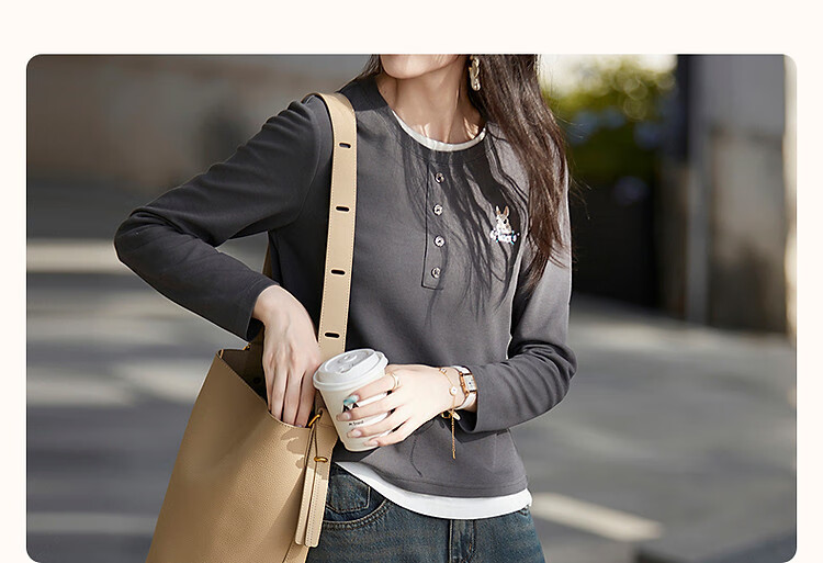 Demna【Rabbit Patchwork Fake Two-piece Women's T-shirt】2025 Autumn New Commuter Round Neck Long Sleeve T-shirt Women 3