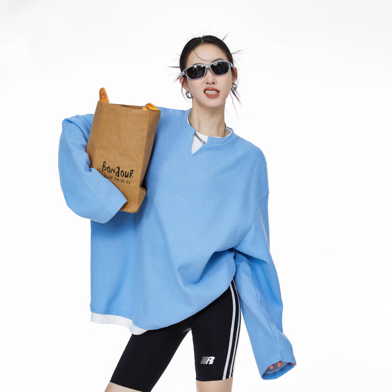 ICH MODE Women's Pullover Sweatshirt American Waffle Long Sleeve T-Shirt Autumn Winter Loose Casual Henley Neck Top Gray L